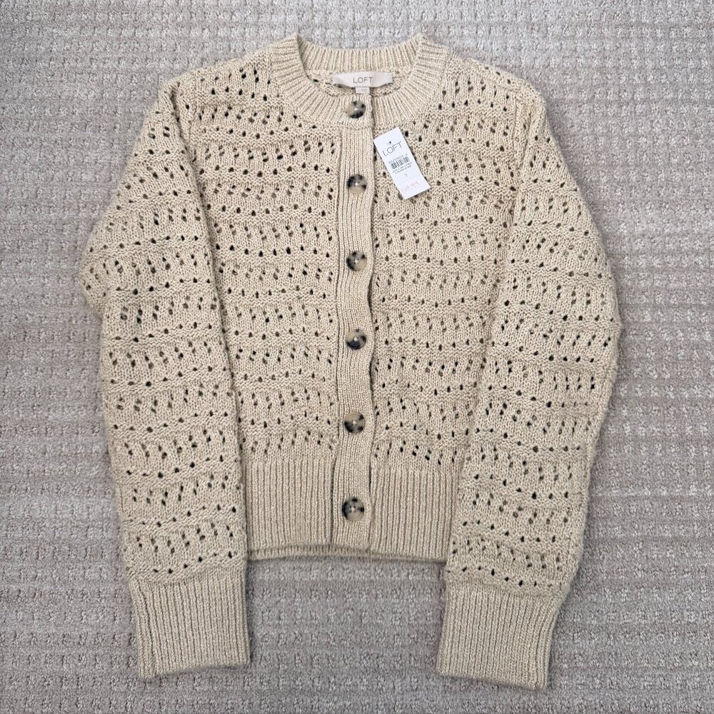 NWT Loft Shimmer Pointelle Cardigan - Gold/Neutral, Size S
